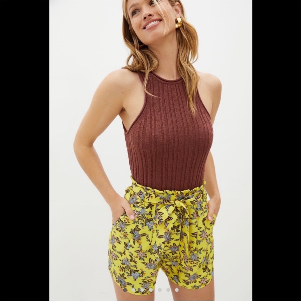 Anthropologie High Waist Belted Shorts in Yellow with blue florals S